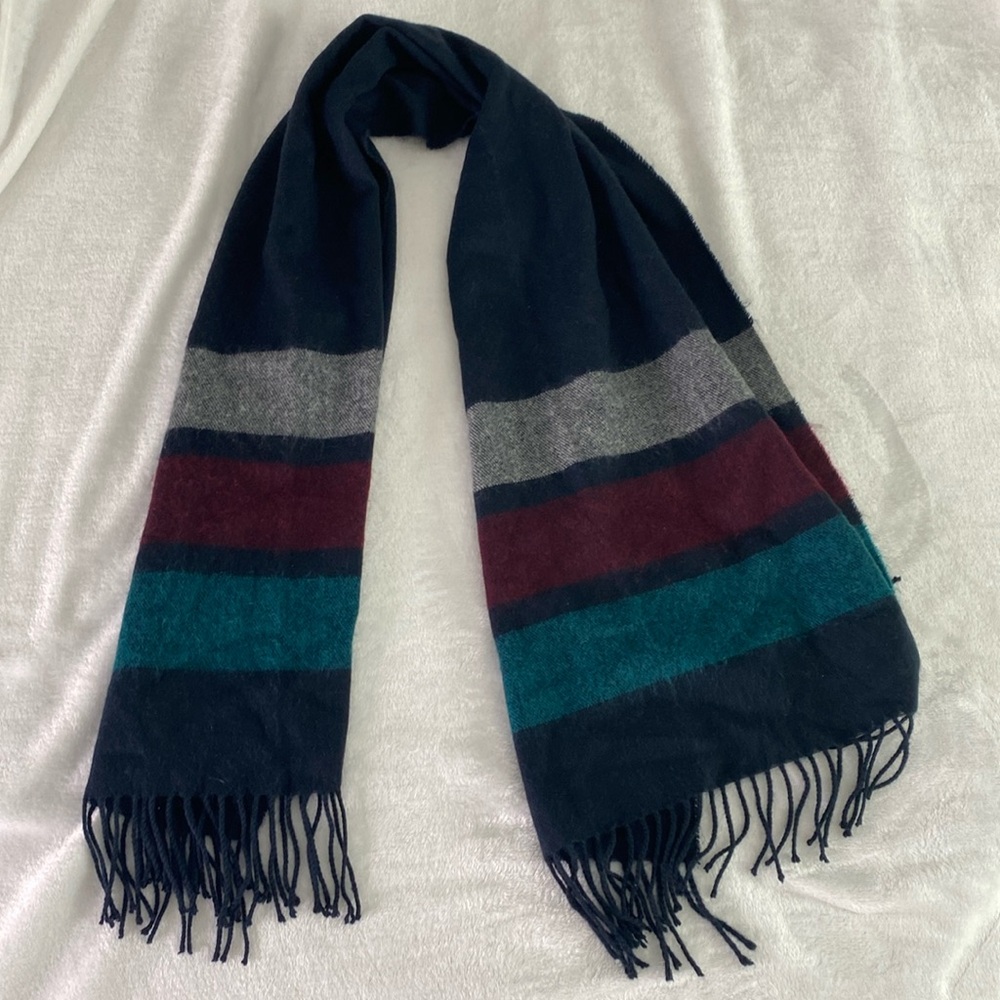 Wide colour black navy, green, and red fringe scarf